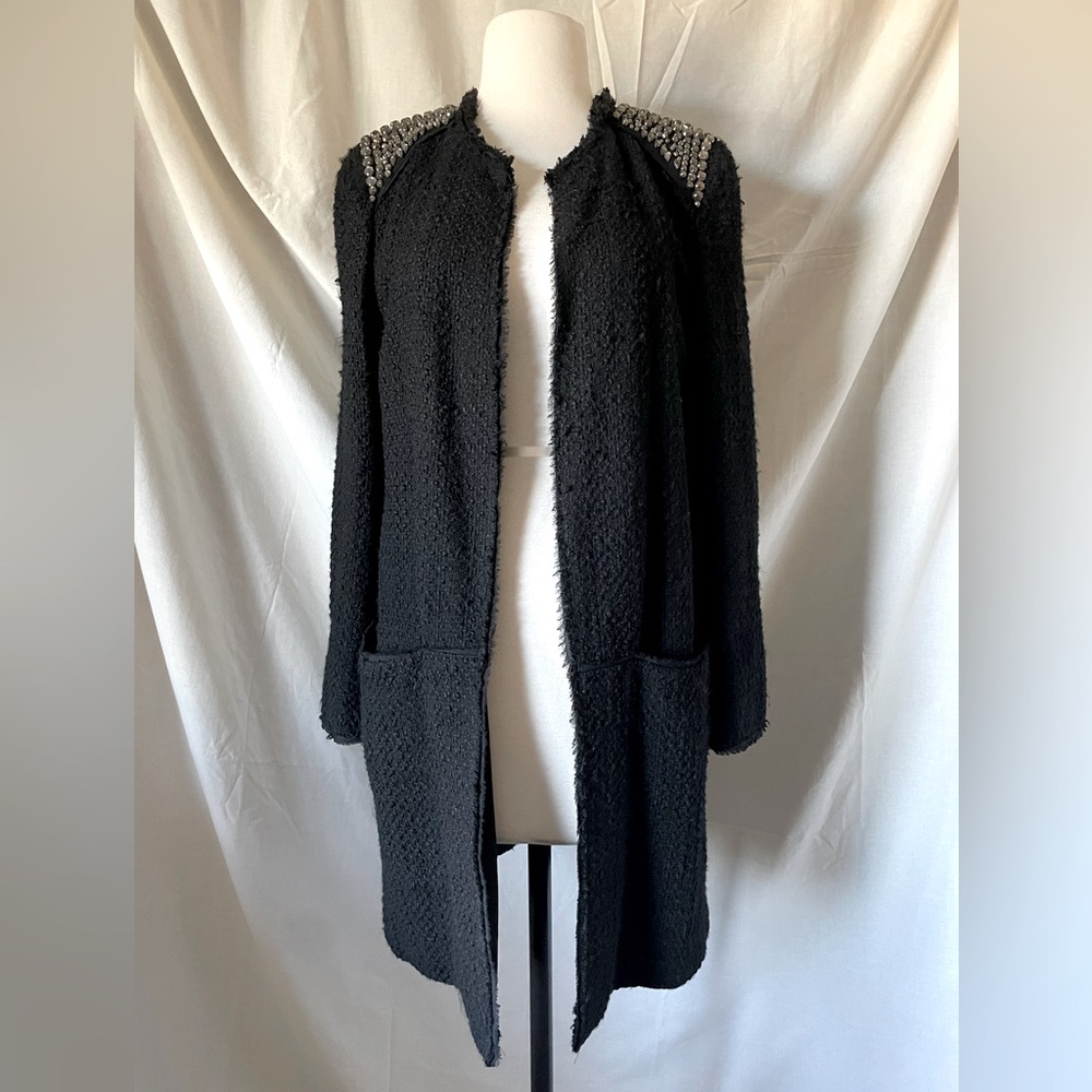 ZARA Woman Open Front Boucle Jacket w/ Smokey Crystal shoulders sz M